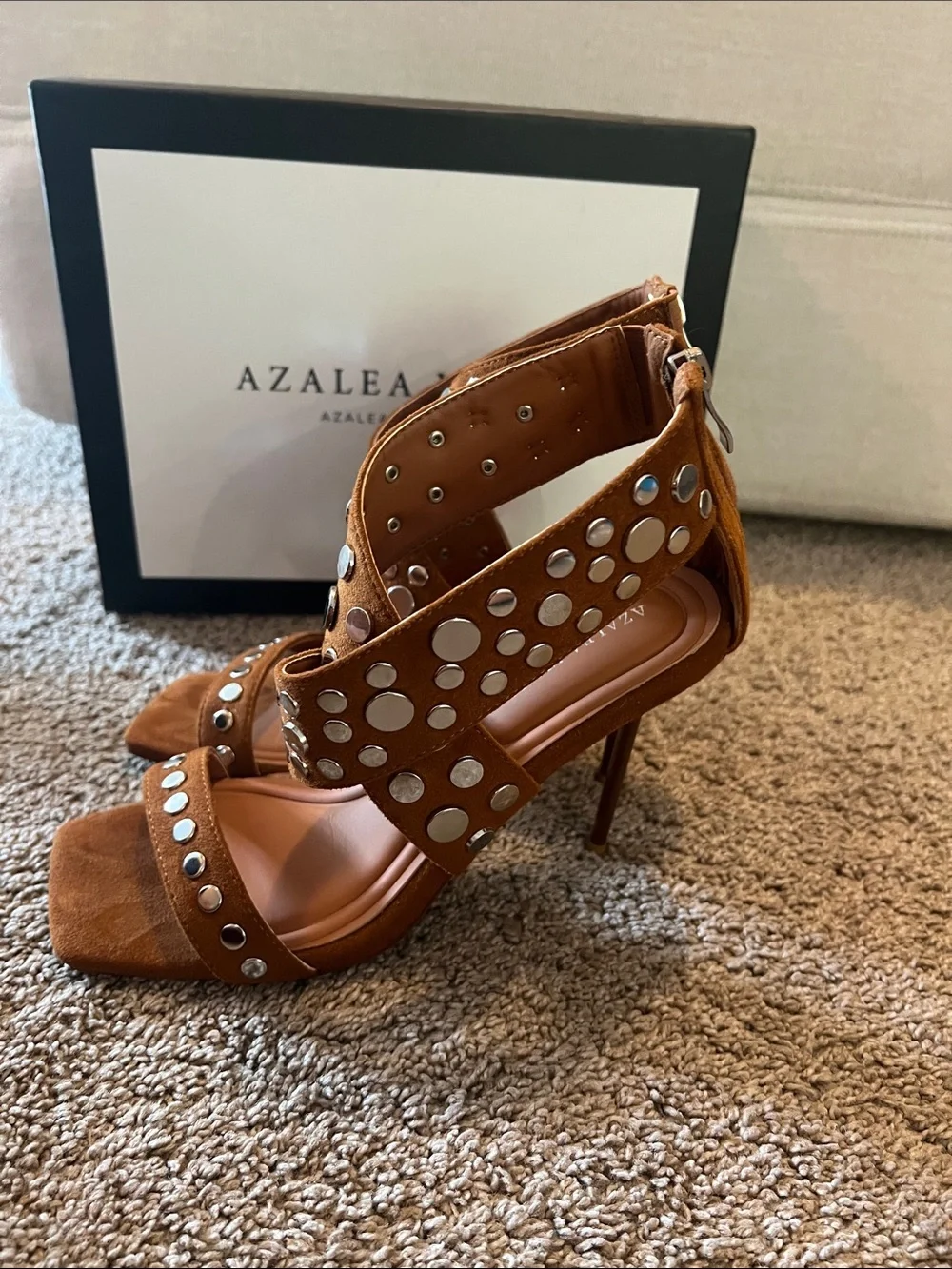 Azalea Wang Women’s Brown Studded Suede Heels - Picture 3 of 7